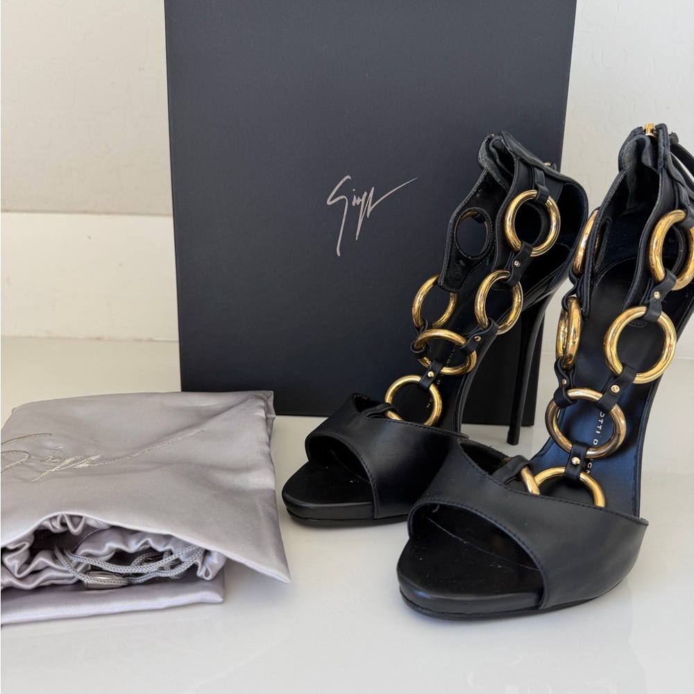 Giuseppe Zanotti Black Heels with Gold Ring Accents